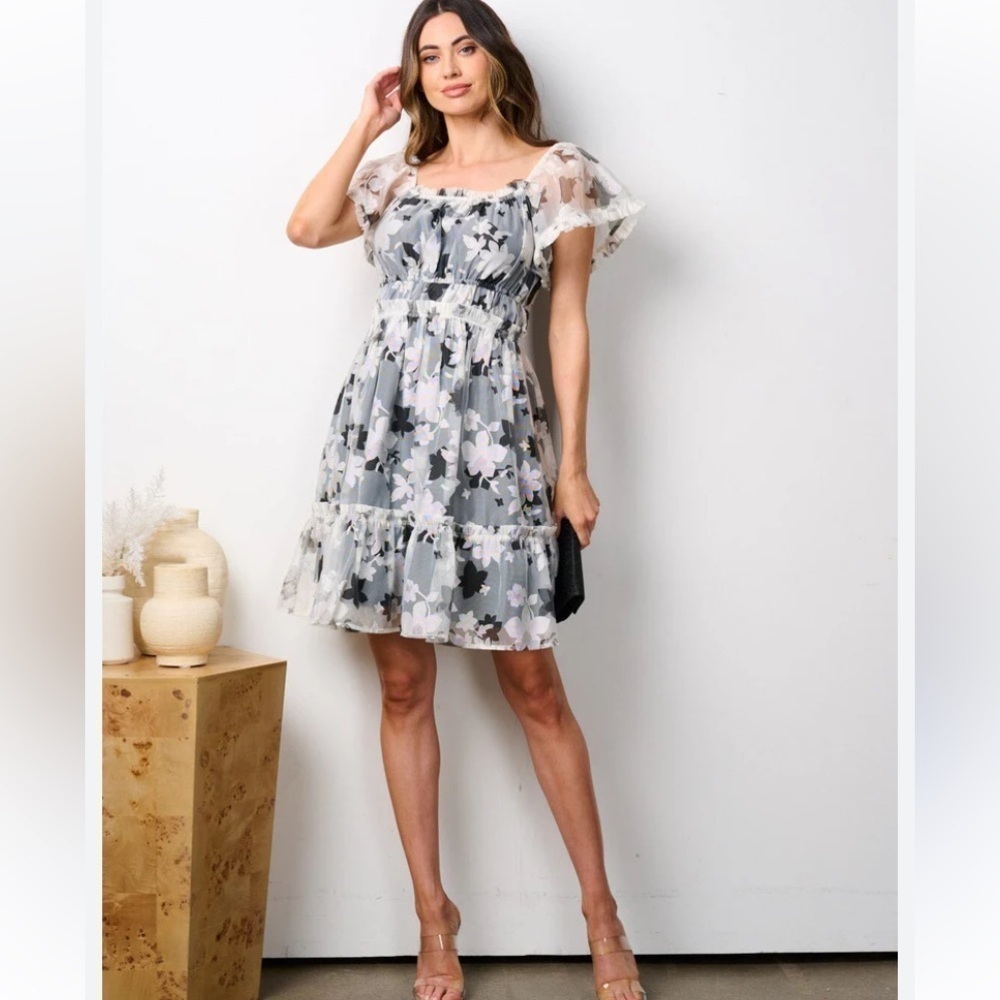 NWT Anthropology Current Air Ariana Black White Floral Puff Sleeve Midi Dress S
